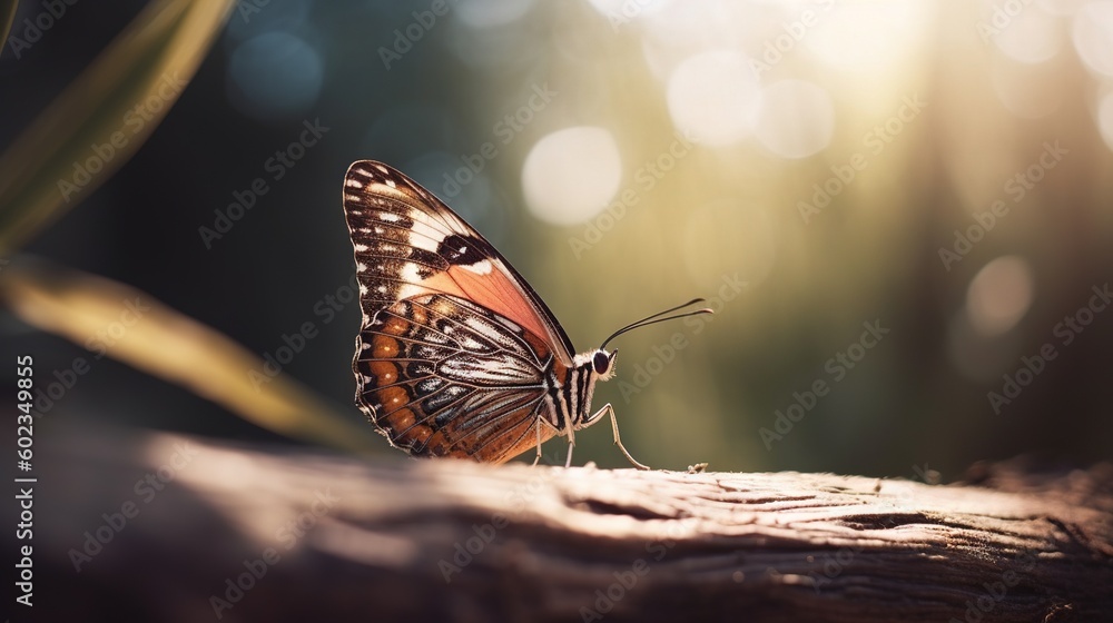 Aufkleber a close up of a butterfly on a tree branch with a blurry background. generative ai