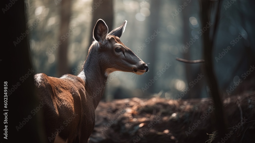 Poster a deer standing in the middle of a forest with trees in the background. generative ai