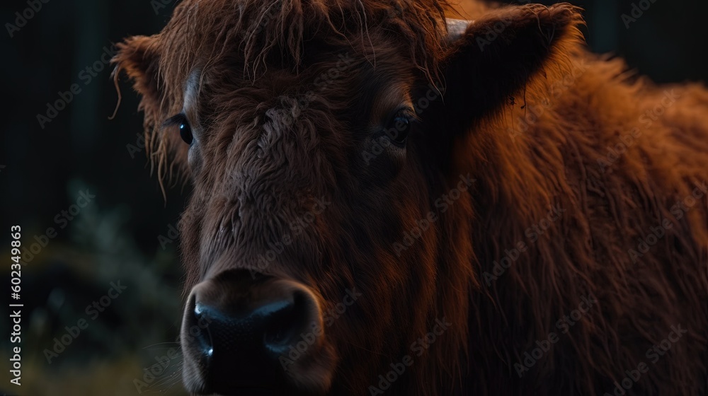 Poster a close up of a brown cow in a field with trees in the background. generative ai