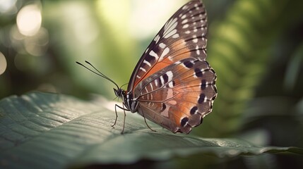 Fototapeta na wymiar a butterfly sitting on top of a leaf in a forest. generative ai