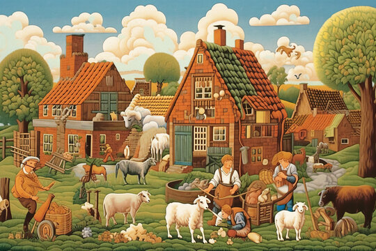 A painting of a farm scene with animals and people. Generative AI.
