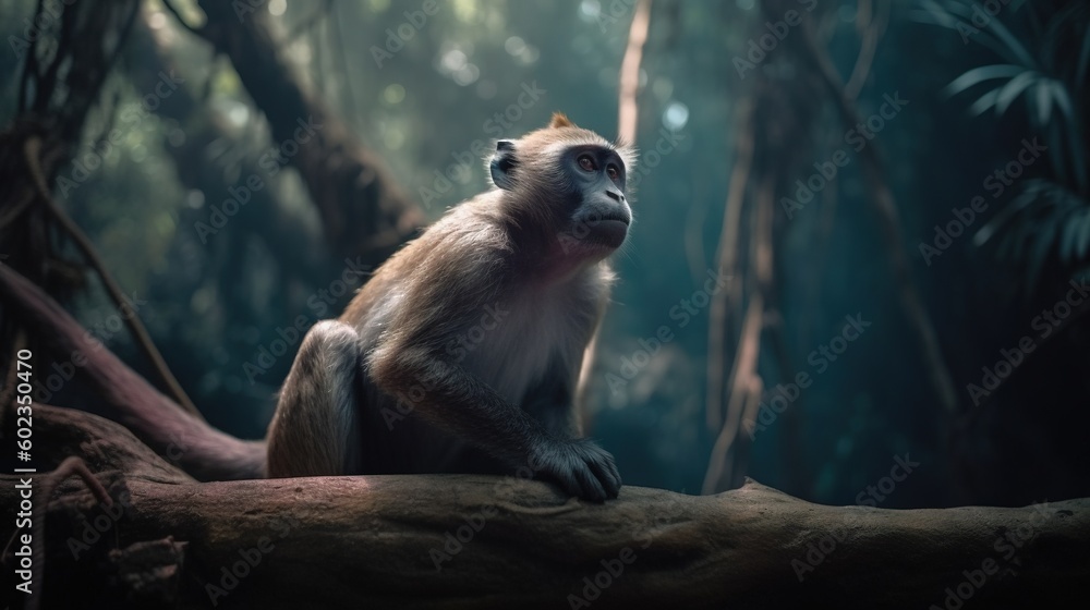 Poster a monkey sitting on a tree branch in a forest looking up. generative ai