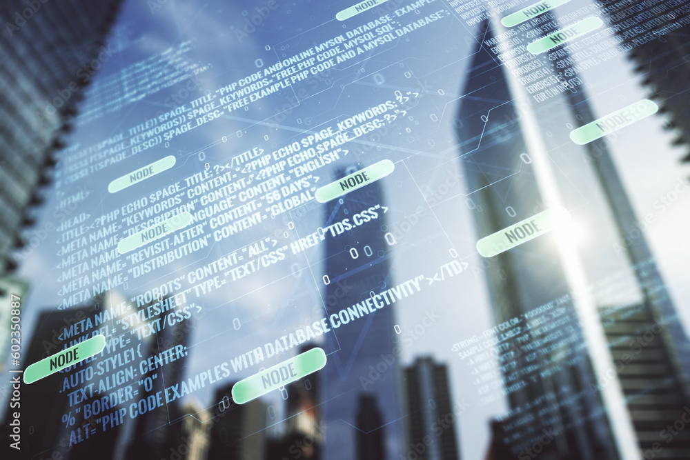 Aufkleber multi exposure of abstract software development hologram on modern skyscrapers background, research 