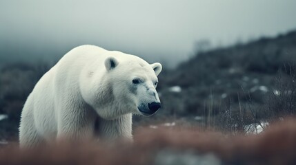 Plakat a white polar bear standing in a field of grass and trees. generative ai