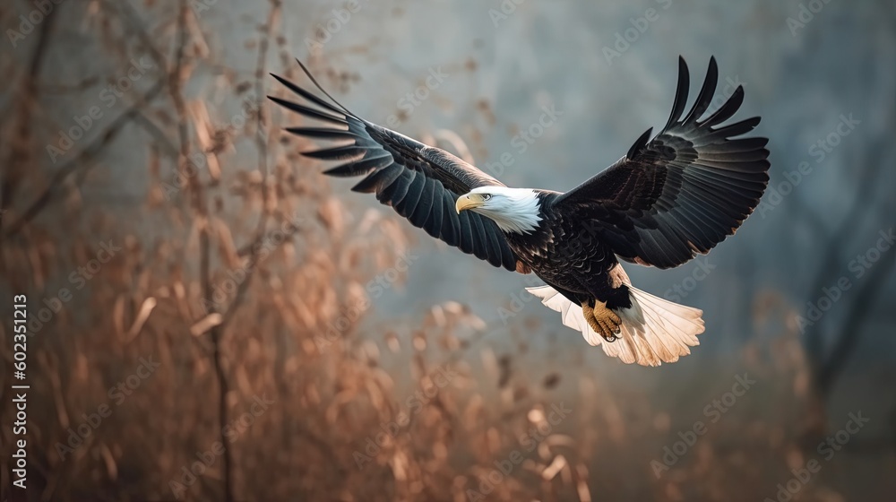 Poster a bald eagle flying over a field with trees in the background