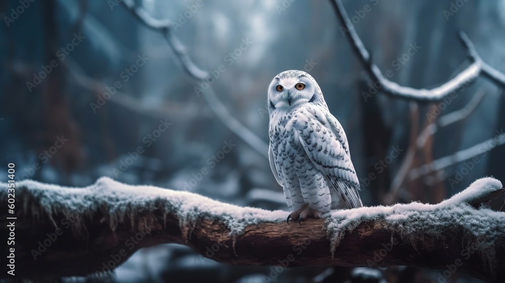 Poster a snowy owl sitting on a branch in a forest filled with trees. generative ai