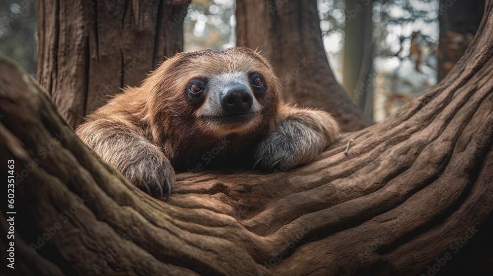 Poster a sloth sitting in a tree looking at the camera. generative ai