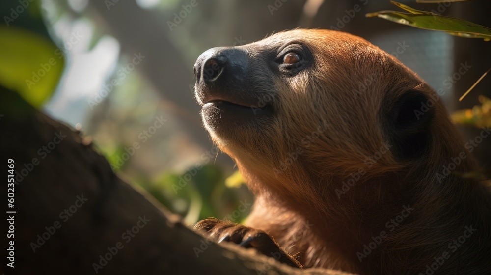 Poster a close up of a monkey in a tree looking up. generative ai