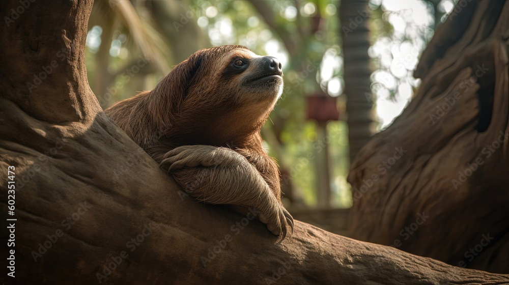 Poster a sloth sitting on a tree branch looking up at the sky. generative ai