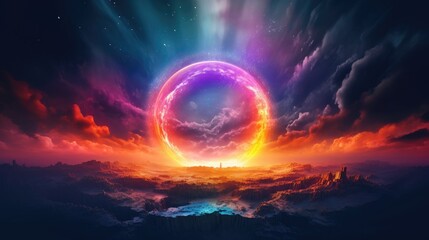 Fantasy landscape with planet and clouds. Created with Generative AI tools