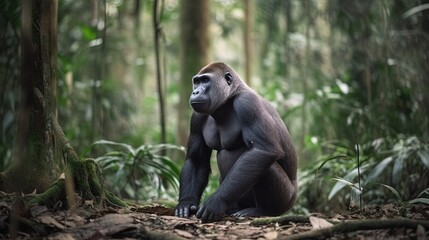  a gorilla sitting in the middle of a forest of trees.  generative ai