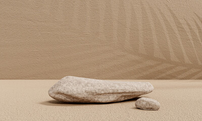 Obraz premium Stone podium with leaf shadow on beige background for beauty and cosmetic brand. Minimal scene in natural color for spa. Abstract aesthetic design. Beautiful background from natural materials