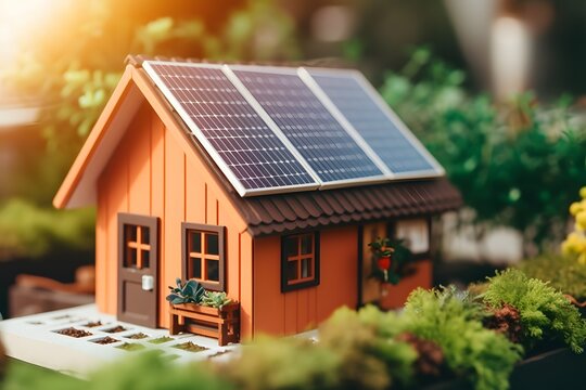 close up of a miniature house with a solar panel on the roof, Generative AI