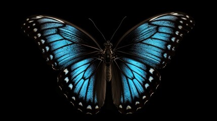 Plakat a blue butterfly with black wings and white dots on its wings. generative ai