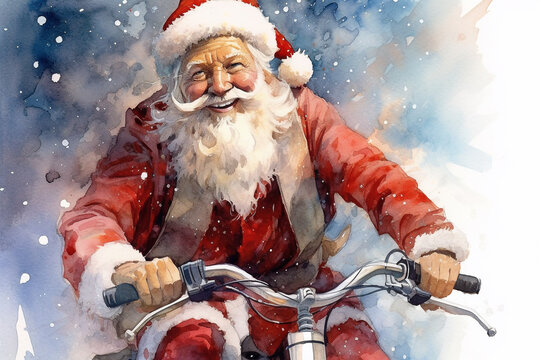 Watercolor painting of a cute smiling Santa Claus is riding a bicycle to delivering presents. He is dressed in his traditional red and white outfit - ai generative
