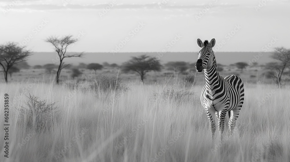 Poster a zebra is standing in a field of tall grass with trees in the background. generative ai
