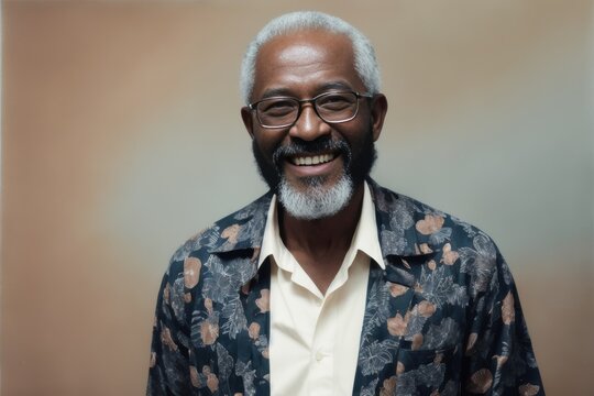 Portrait of the middle age bearded black man with a cheerful smile wearing a bright Hawaiian shirt. Concept of active age. Generative AI