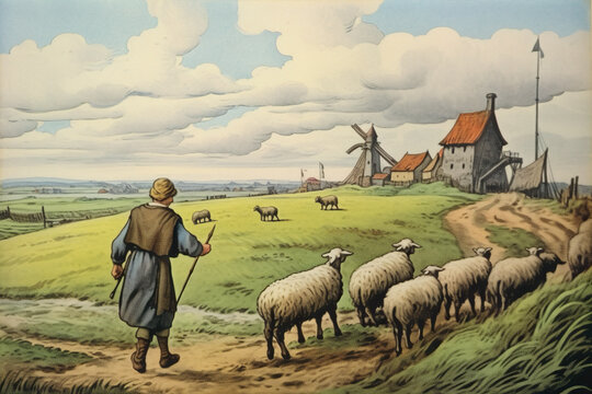 A painting of a man leading a flock of sheep. Generative AI.