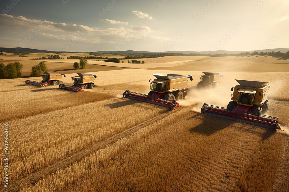 Poster a group of combine harvesters in a wheat field. generative ai.