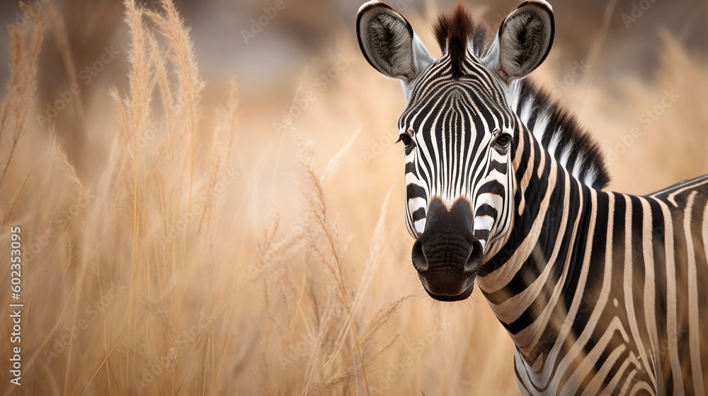 Poster a zebra is standing in a field of tall brown grass. generative ai