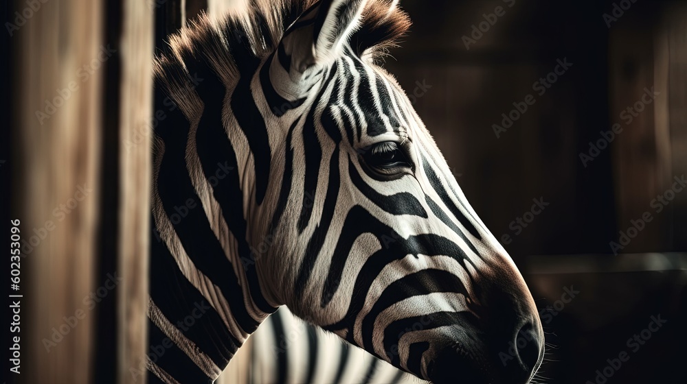 Poster a close up of a zebra's face in a dark room. generative ai