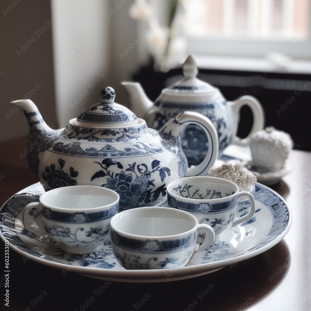 Poster a tea set on a table with a window in the background. generative ai