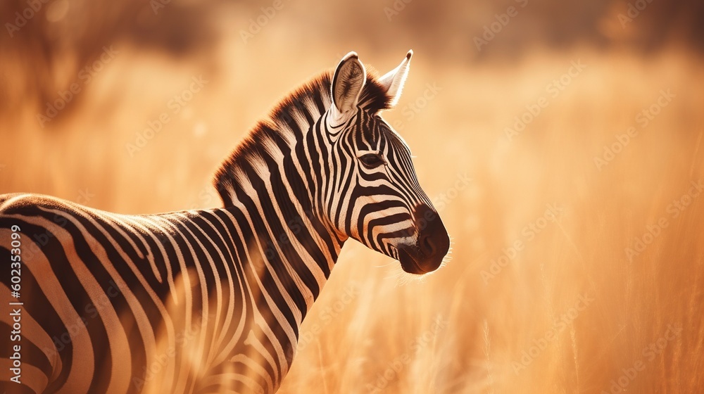 Poster a zebra is standing in a field of tall brown grass. generative ai