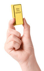 Woman holding gold bar on white background, closeup