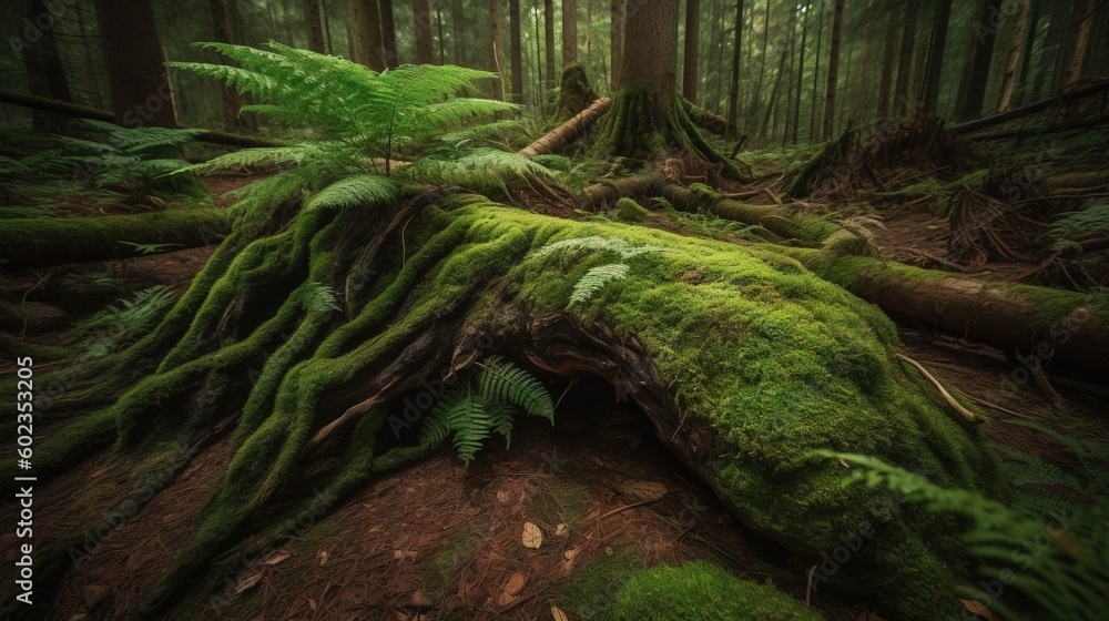 Poster a moss covered tree trunk in the middle of a forest. generative ai