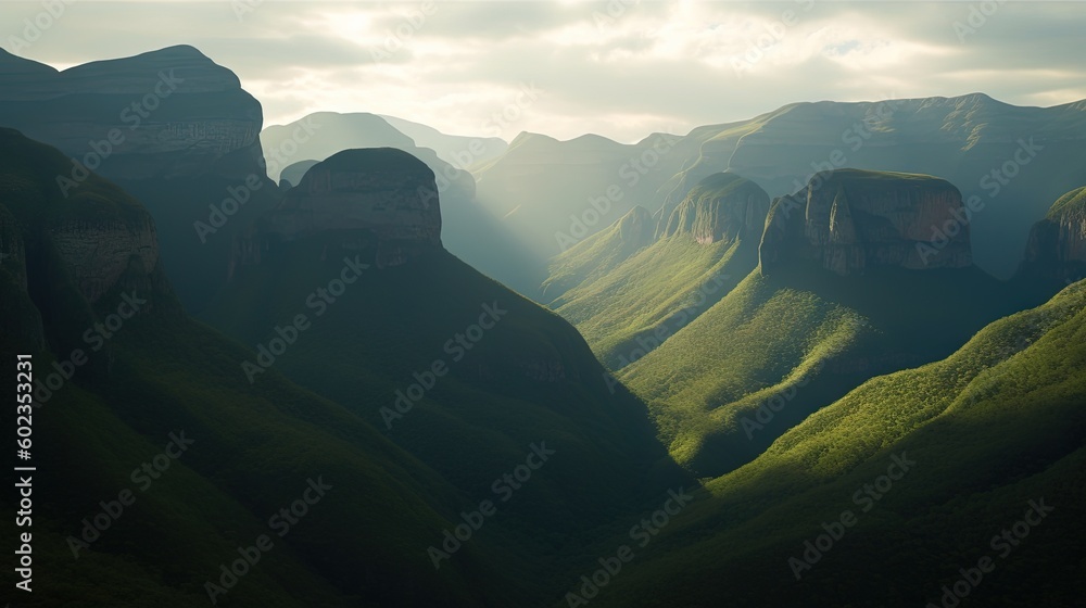 Aufkleber a view of a valley with mountains in the background and a cloudy sky. generative ai