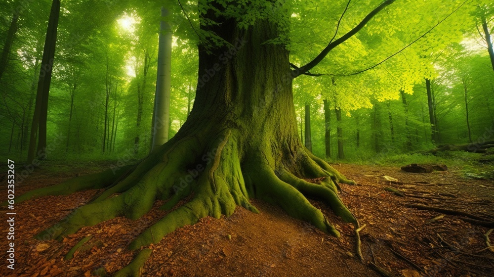 Aufkleber a large tree in the middle of a forest with green leaves. generative ai