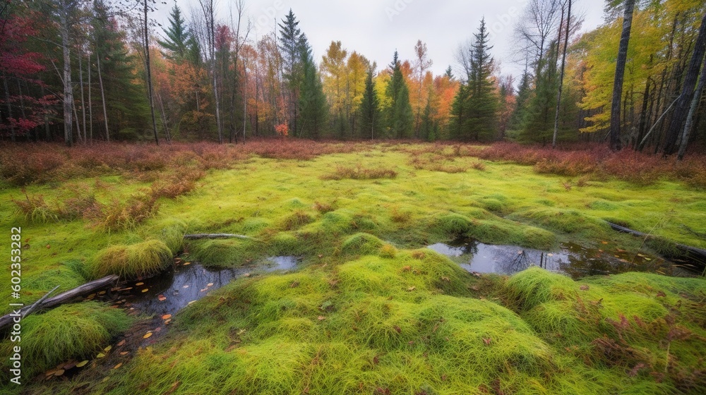 Poster a grassy field with trees in the background and water in the foreground. generative ai