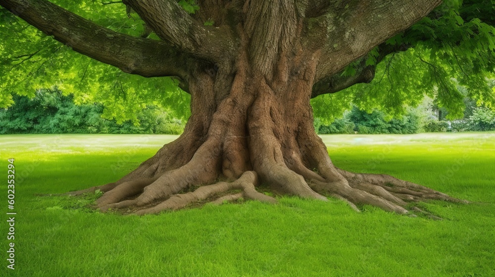 Poster a large tree with very large roots in a grassy area. generative ai