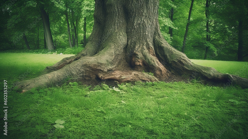 Poster a large tree with a very large trunk in a grassy area. generative ai