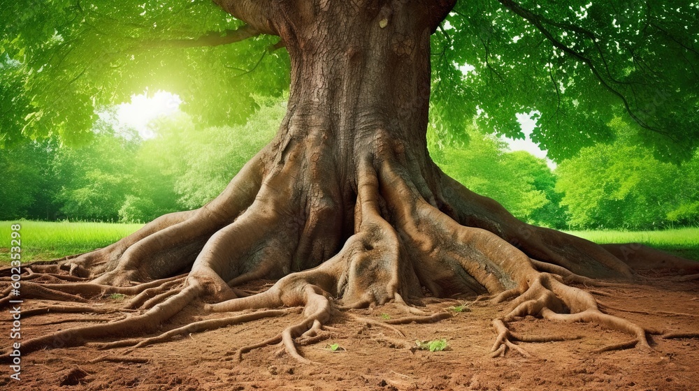 Poster a large tree with very large roots in a park setting. generative ai
