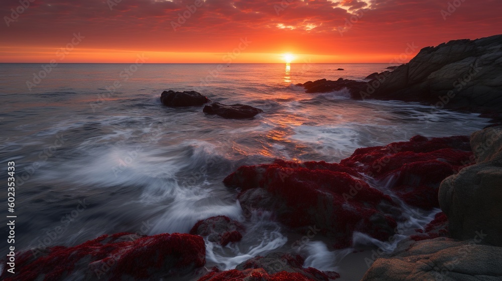 Poster the sun is setting over the ocean with rocks in the foreground. generative ai