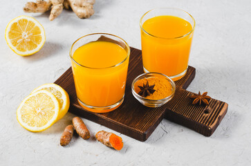 Turmeric Tea, Healthy Beverage with Turmeric Root and Spices, Jamu Juice, Immunity Booster Drink on...
