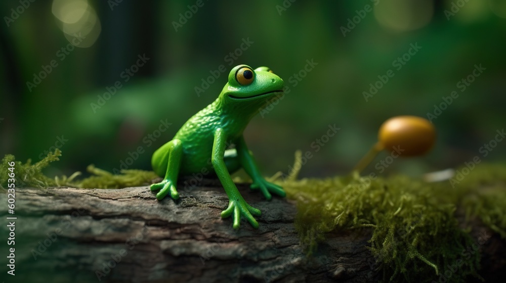Poster a green frog sitting on top of a tree branch next to a mushroom. generative ai