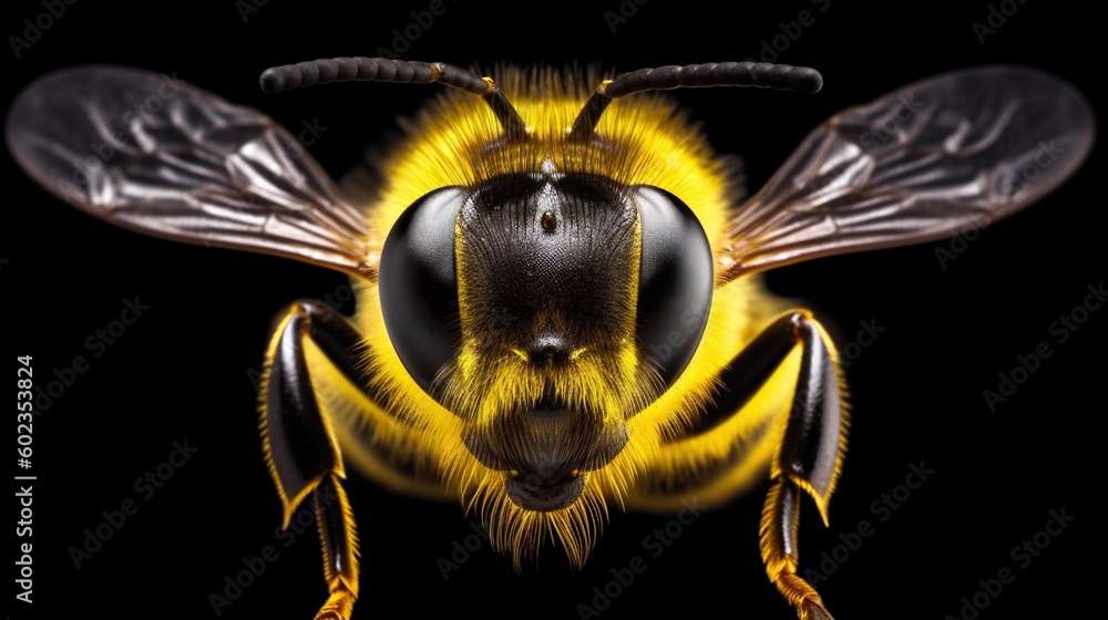 Poster a close up of a bee on a black background with a black background. generative ai