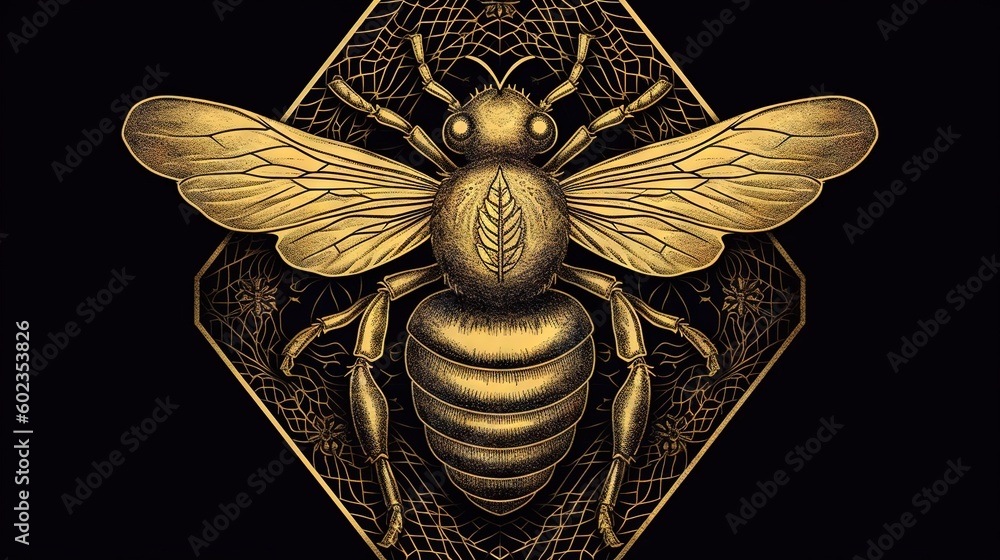 Poster a gold bee with intricate patterns on it's back. generative ai