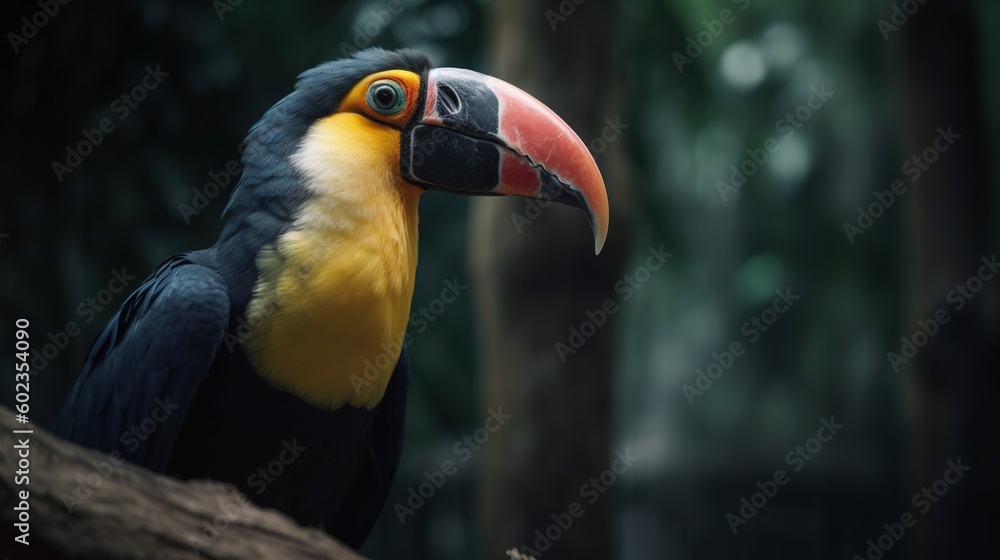 Poster a colorful bird with a large beak standing on a branch. generative ai