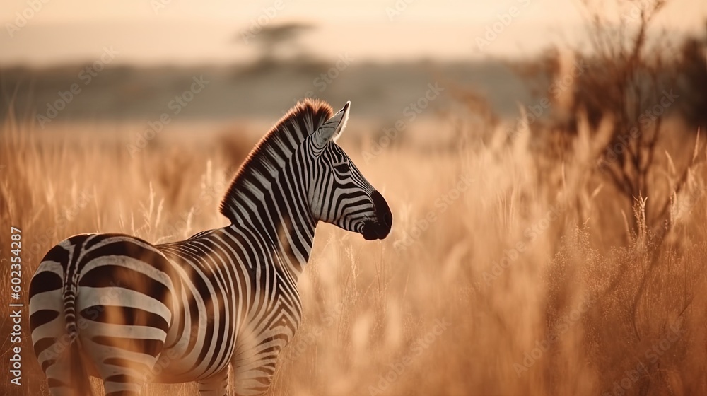 Poster a zebra is standing in a field of tall brown grass. generative ai