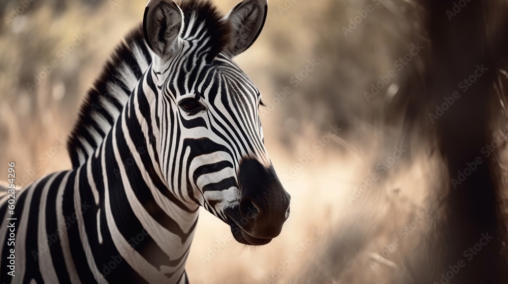 Poster a close up of a zebra in a field of grass. generative ai