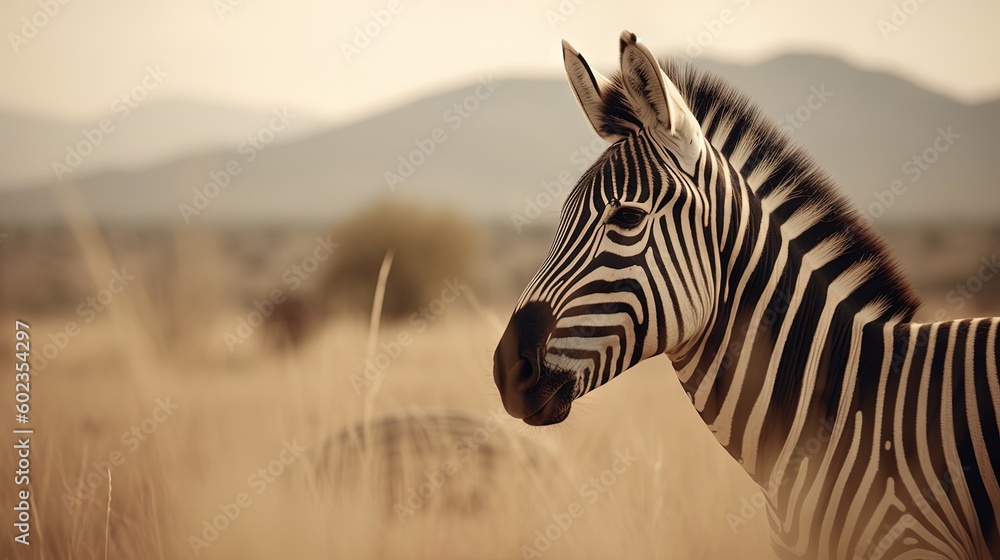 Poster a zebra standing in a field of tall grass with mountains in the background. generative ai