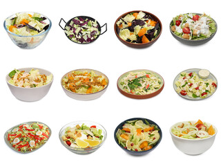 Set of different tasty salads with Chinese cabbage in bowls on white background
