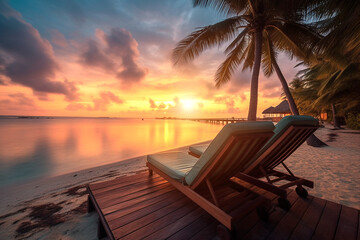 evening scenery on maldives tropical island with palm trees and sun lounger,generative ai