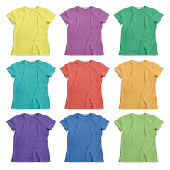 Set of stylish t-shirts on white background, top view
