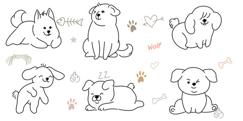 Naklejka premium Cute dogs doodle vector set. Cartoon dog or puppy characters design collection with flat color in different poses. Set of funny pet animals isolated on white background.