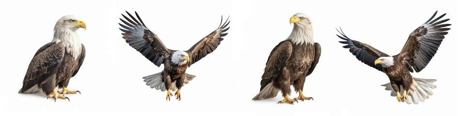 America animals wildlife birds north american eagles banner panorama long - Collection of flying and sitting bald eagle (haliaeetus leucocephalus), isolated on white background, Generative Ai