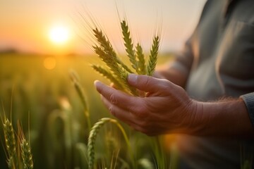 Farmer's hand holding green Ripening wheat ears in the field. Generative AI